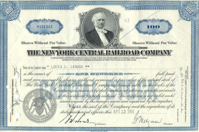 The New York Central Railroad Company > blue 100 share stock certificate 